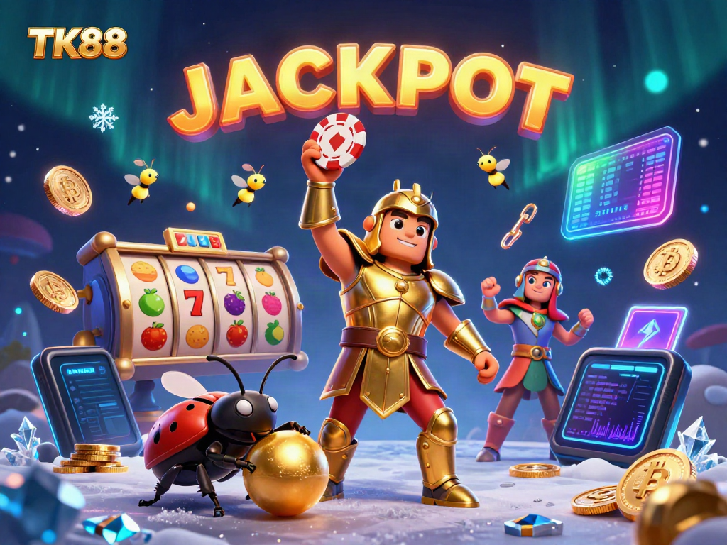 Experience thrilling wins with TK88 as a heroic beetle earns a jackpot in a vibrant casino landscape.