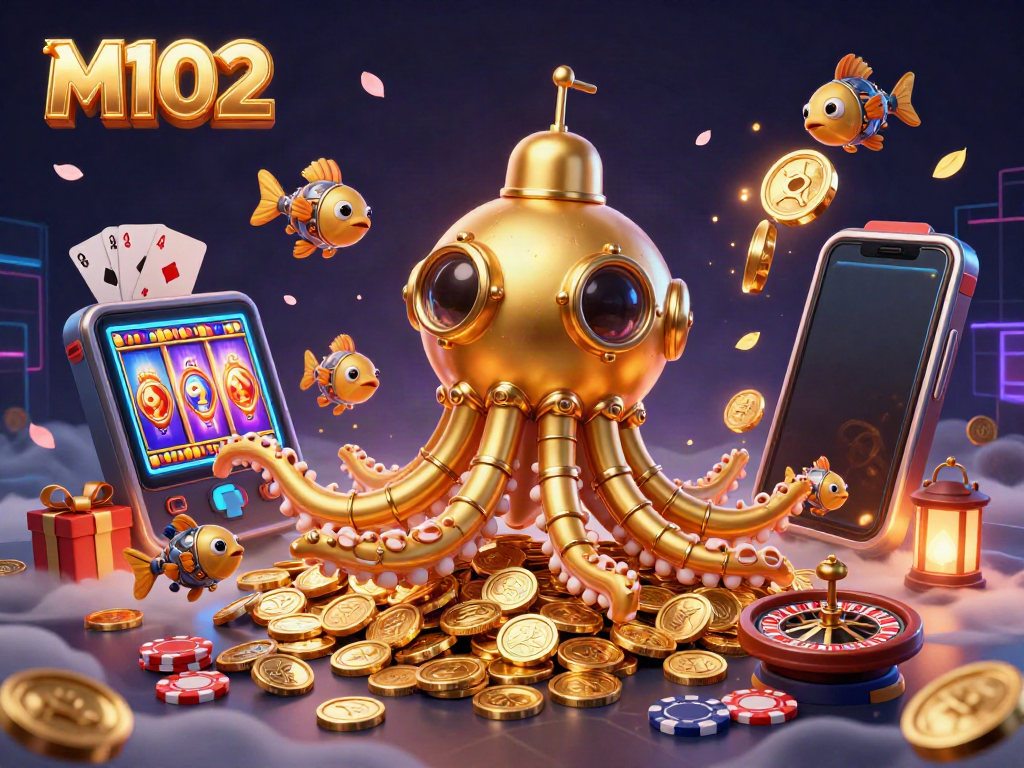 M102 unveils a vibrant casino world with a golden kraken submarine, winning slot games, and dazzling elements.