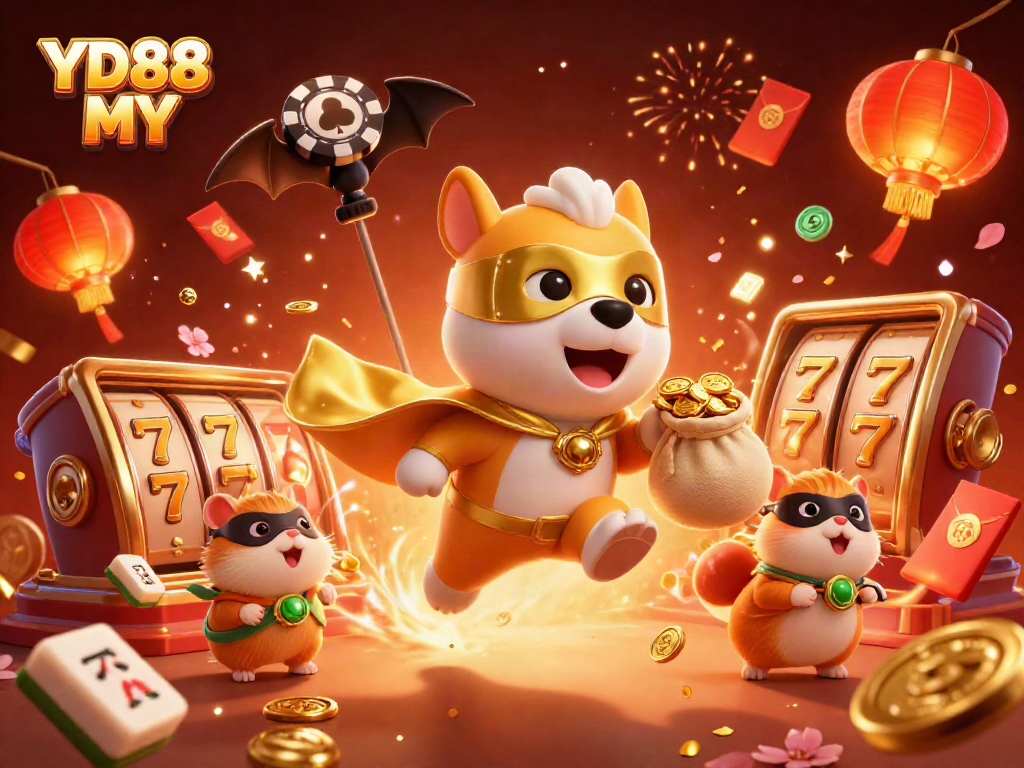 Bet on games with YD88 MY, featuring a superhero dog flying with gold coins and casino symbols.