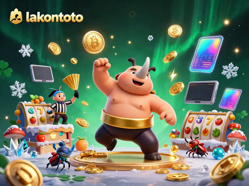 Permainan jackpot lakontoto dengan kejuaraan badak jantan, koin emas, dan penonton khas.