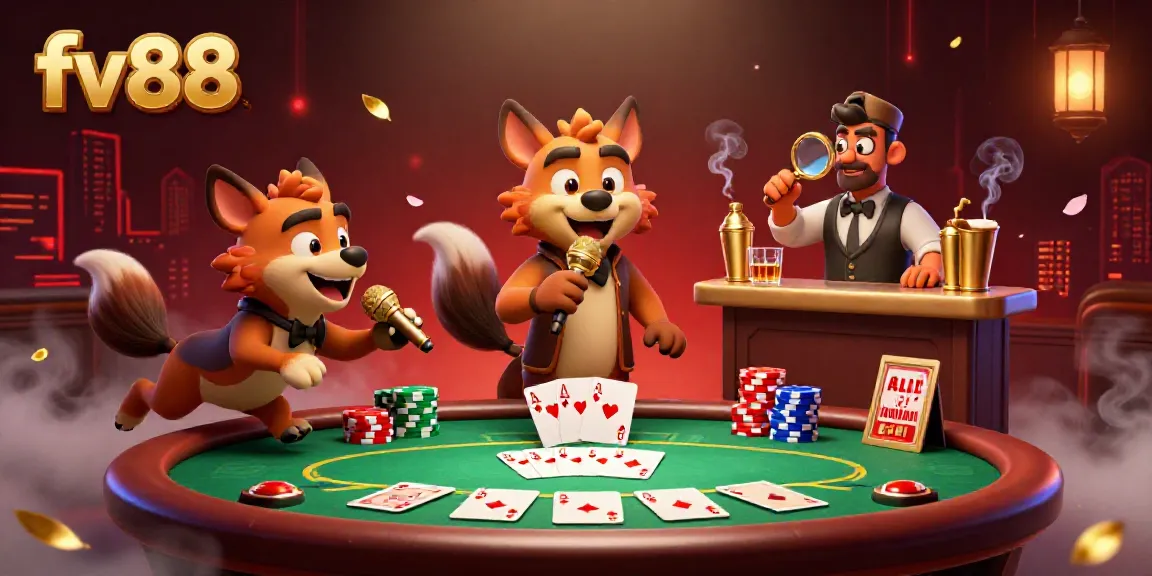 Experience vibrant casino fun with fv88 featuring hyenas in a comedy setting with poker elements.