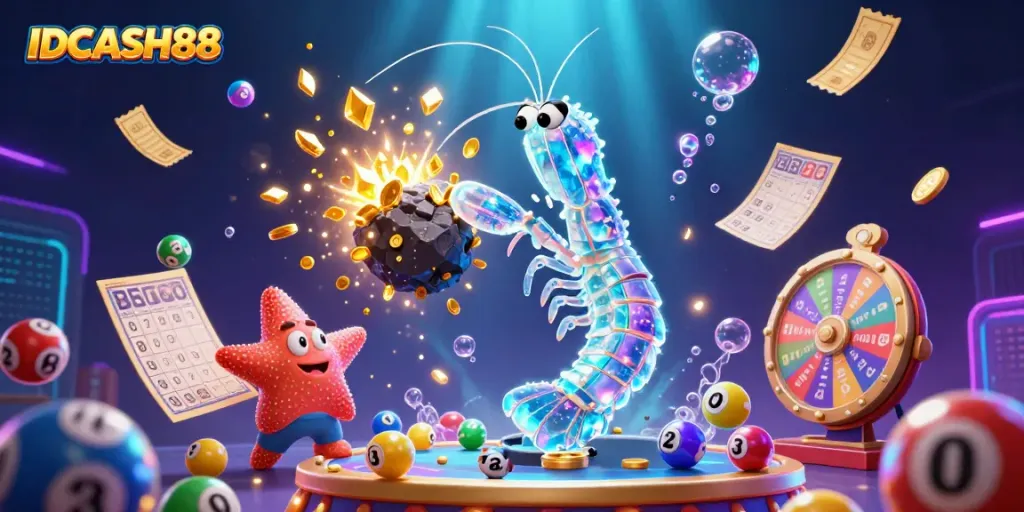 Experience thrilling gameplay on IDCASH88 with vibrant illustrations of a galactic samurai shrimp surrounded by dynamic gambling elements.