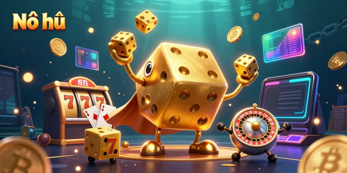 Nổ hũ game illustration featuring dynamic elements like golden dice, slot reels, and blockchain coins for gamers.