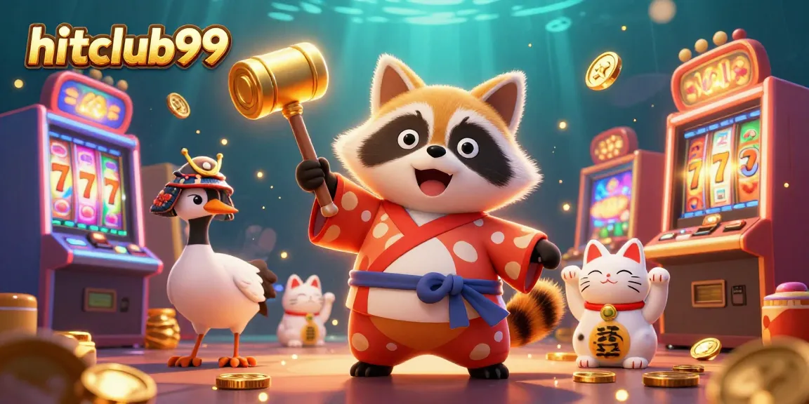 Experience vibrant slot excitement with hitclub99 as maneki-neko cats cheer on a raccoon and crane duo.