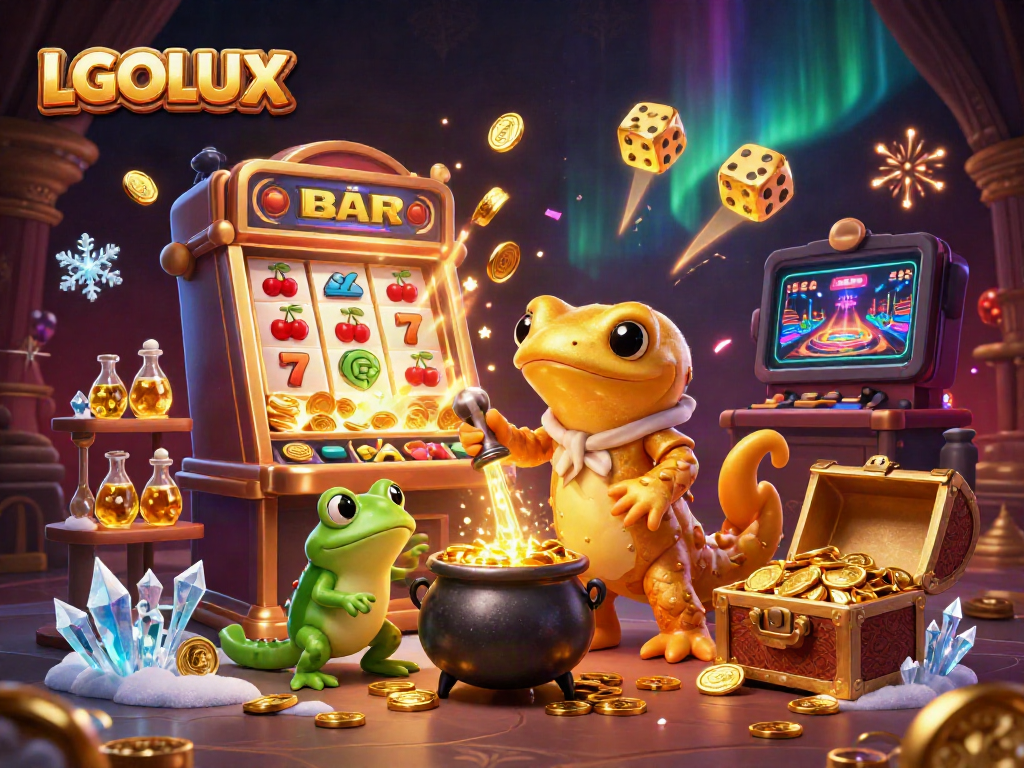 Experience the magic of LGOLUX as cartoon characters engage in casino gaming excitement amidst golden visuals.