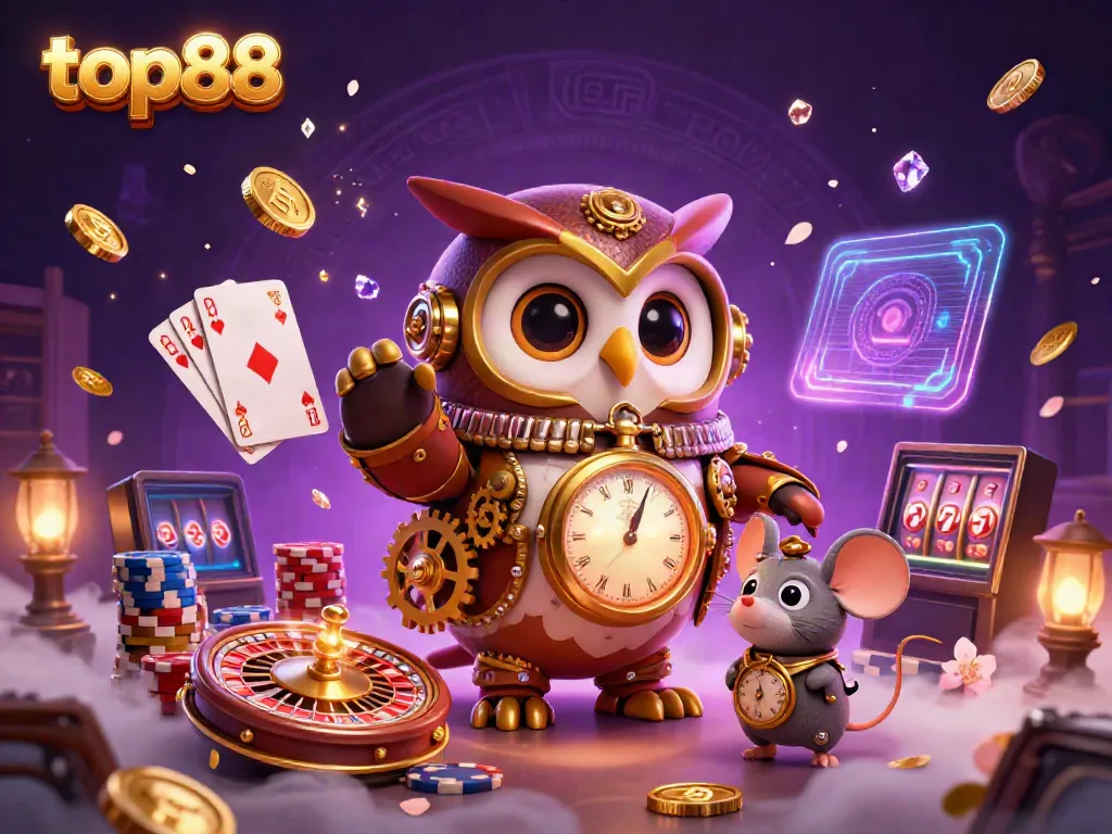 Experience top88 gaming with a steampunk owl and mouse amidst vibrant casino elements.