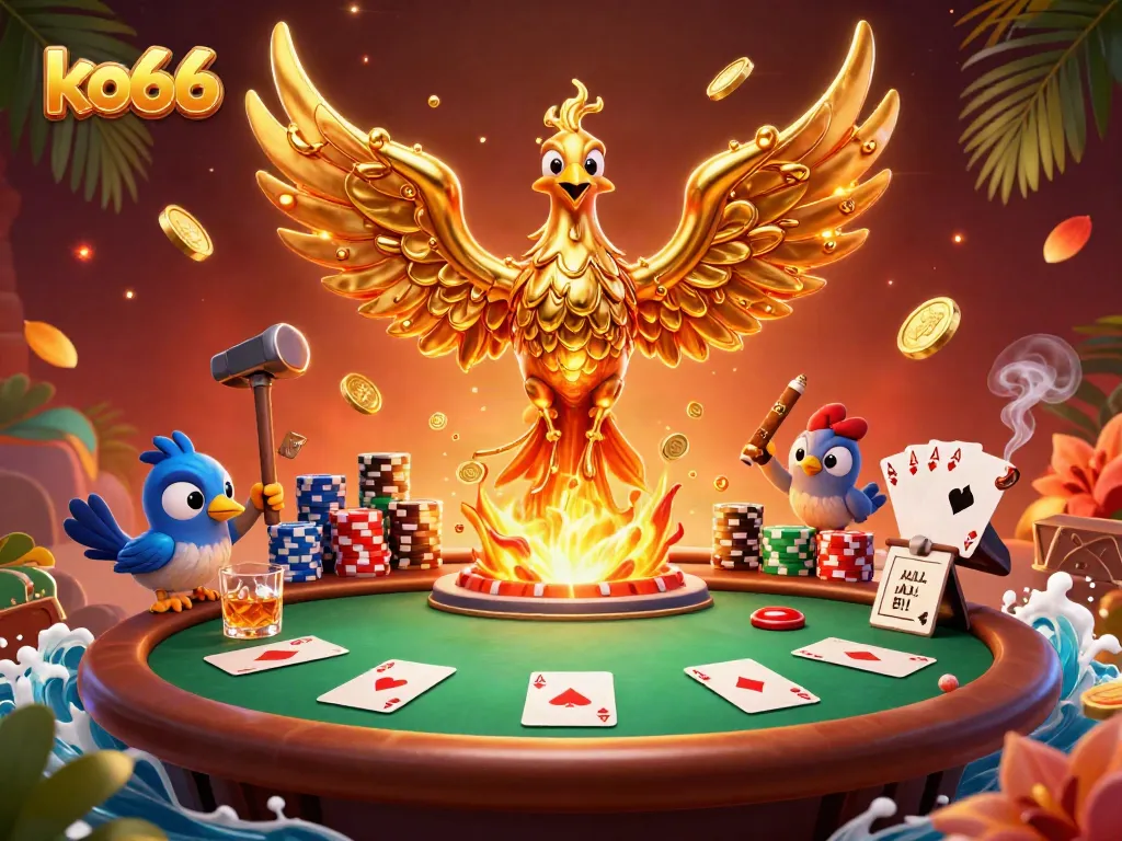 Engage in thrilling gameplay with the ko66 golden phoenix and poker elements in a vibrant casino setting.