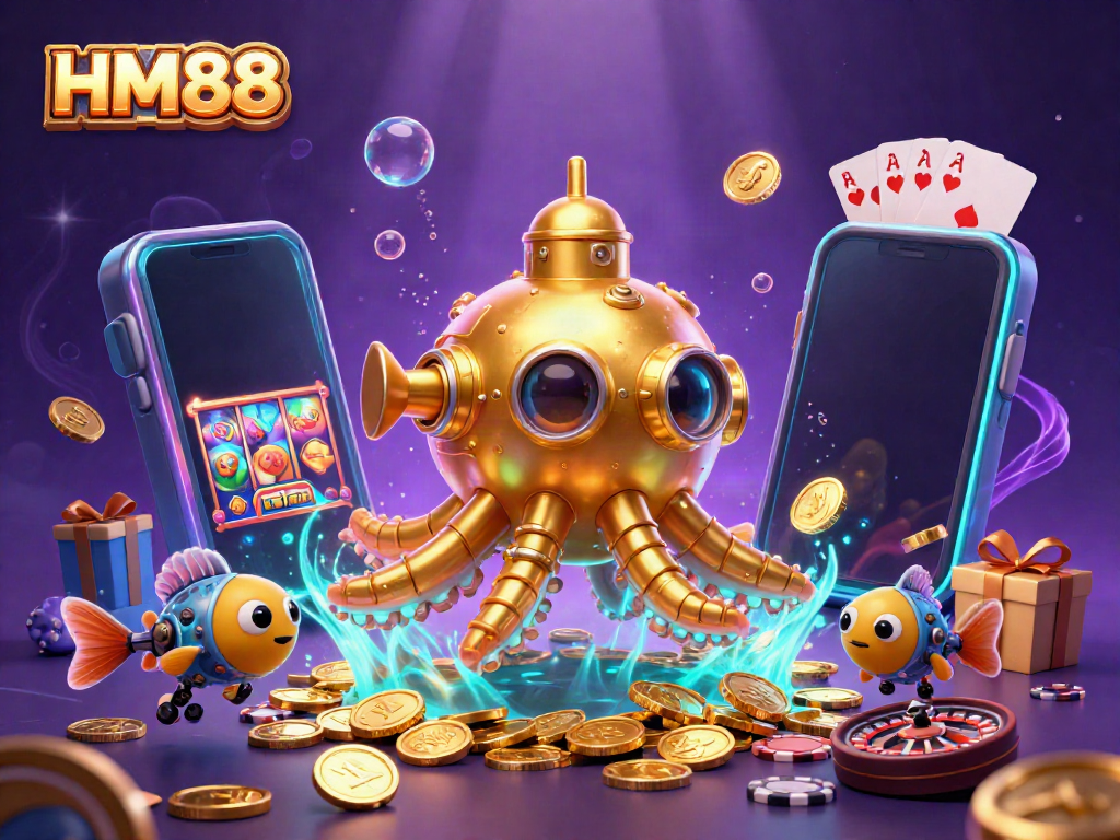 Engage in thrilling gameplay with HM88's underwater adventure featuring a golden kraken and slot games.
