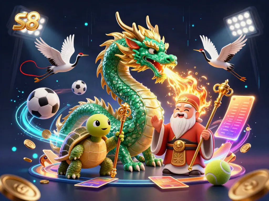 Engage with S8's dynamic gaming realm featuring a jade dragon, turtle sage, and lucky cranes.