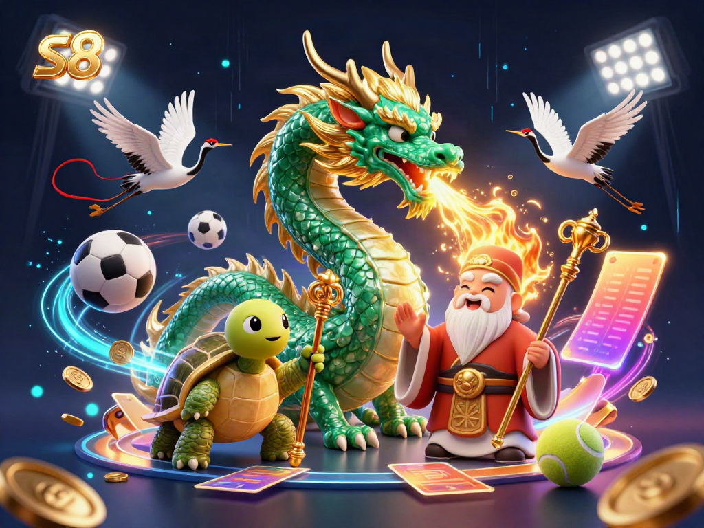 Engage with S8's dynamic gaming realm featuring a jade dragon, turtle sage, and lucky cranes.