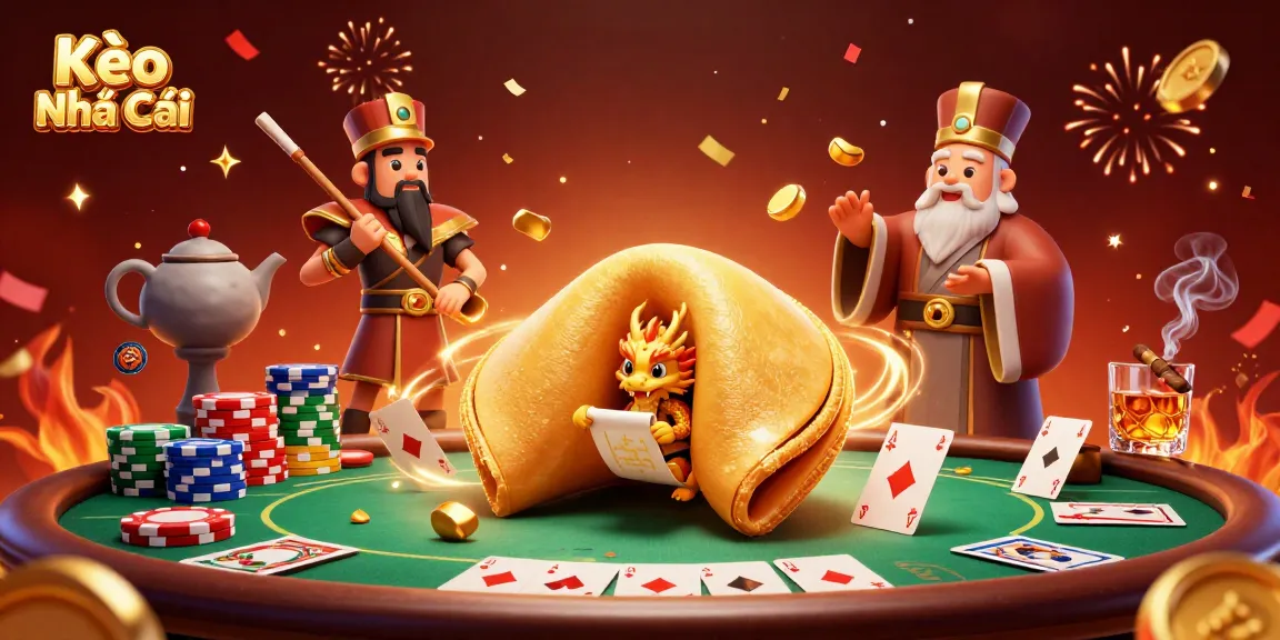 Experience Kèo Nhà Cái with a detailed illustration of fortune, poker elements, and victory symbols.