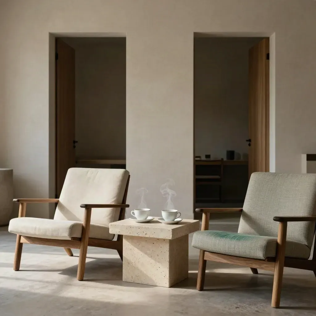 Empty lounge seating with steaming demitasse cups between open doorways in soft morning light.