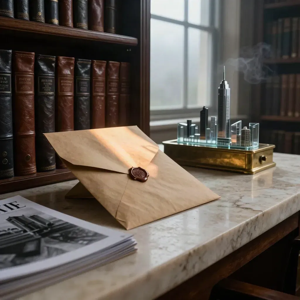Rain-lit fund library tableau with binders, sealed kraft envelope, brass weight and glass skyline model