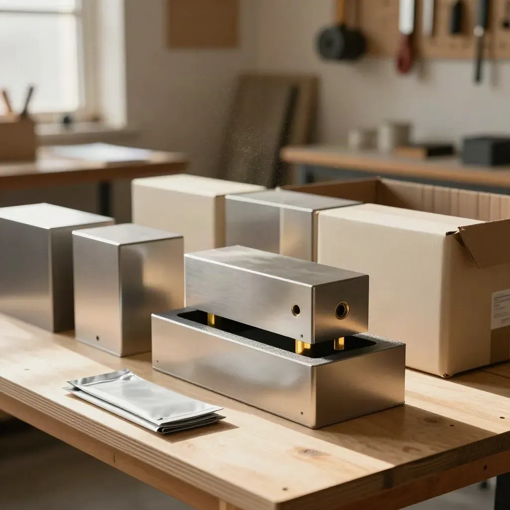 Prototype enclosure slides into foam packaging in a bright maker studio.