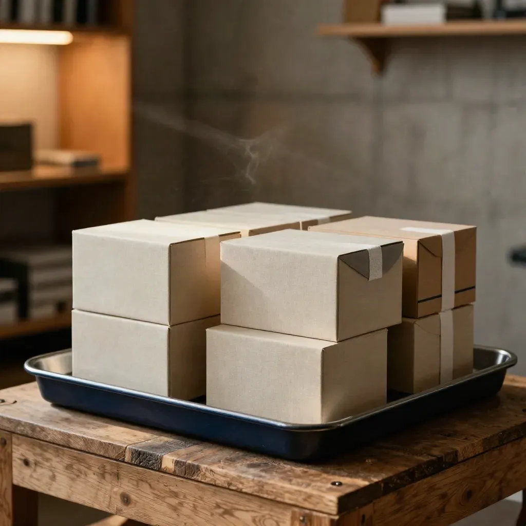 Stacked archival cartons and a brushed-metal reserve tray in a warm seed-fund production corner