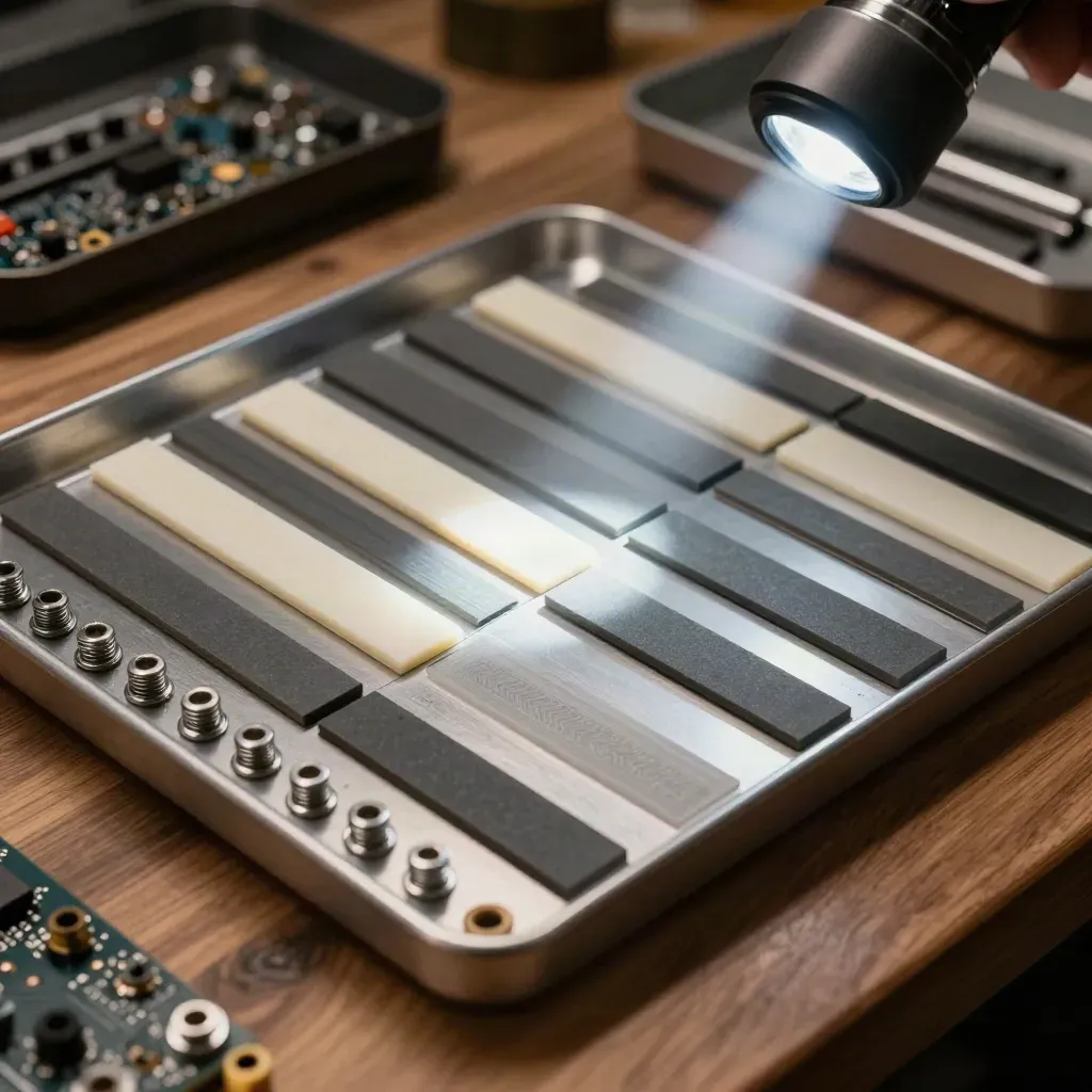 Top-down diligence teardown on a walnut bench with sorted metal parts and a diagonal flashlight beam.