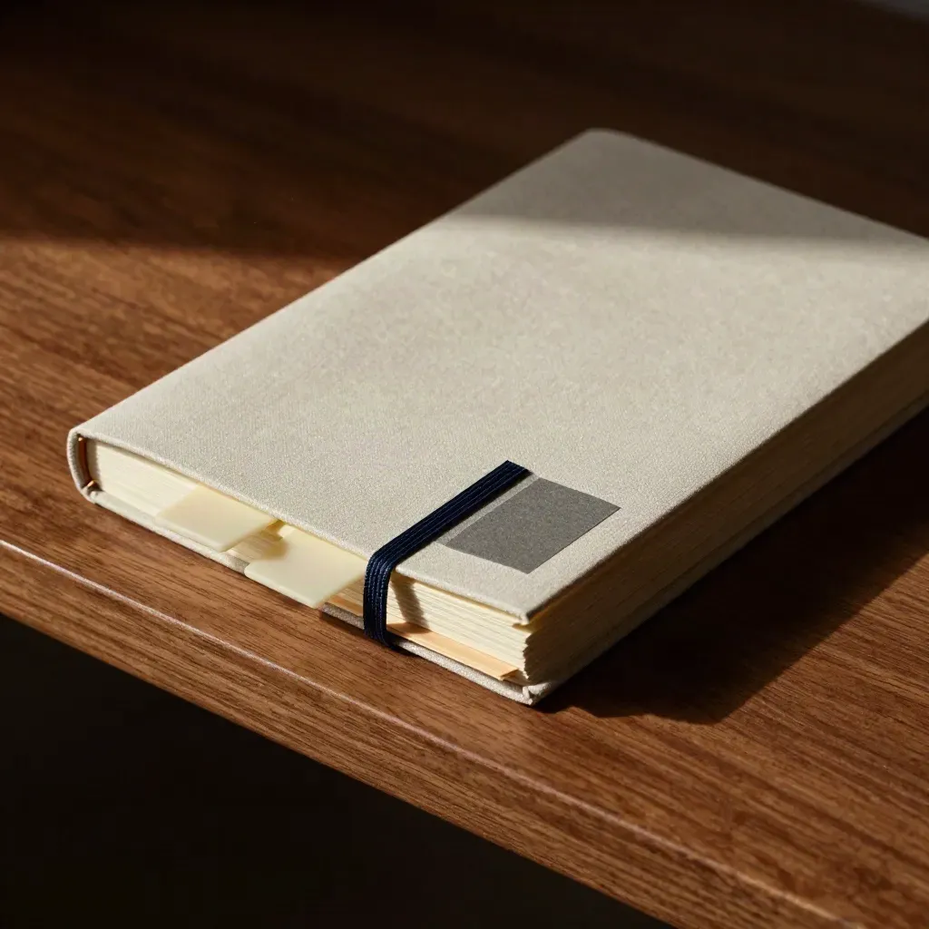 Overhead notebook, tabs, and sector samples on a walnut shelf in soft daylight.