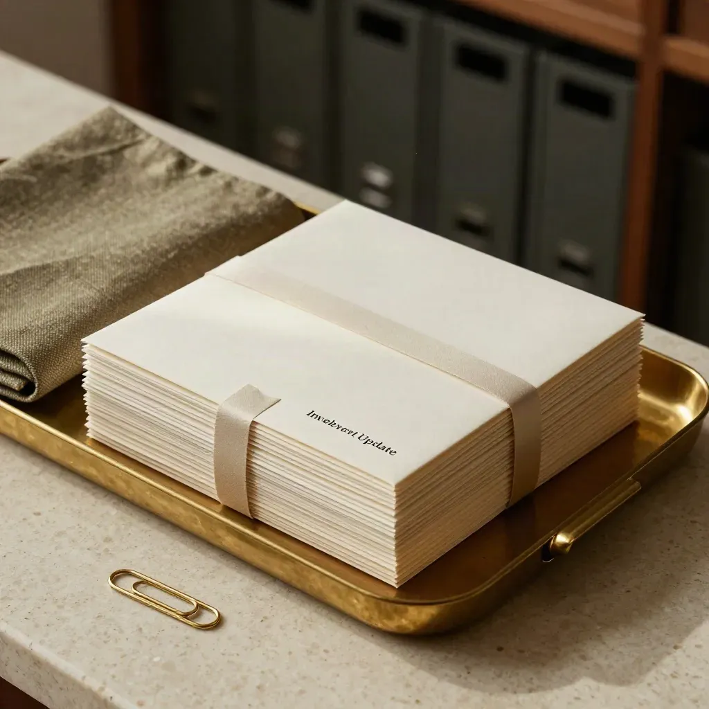 Sealed investor update mailers in a brass inbox tray on pale travertine under dramatic light.