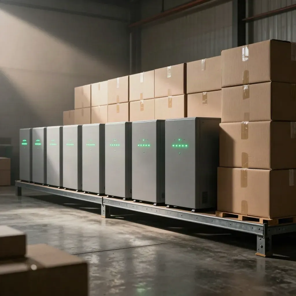 Industrial shelf with identical finished units, carton stack, and glowing indicator lights in warm haze.