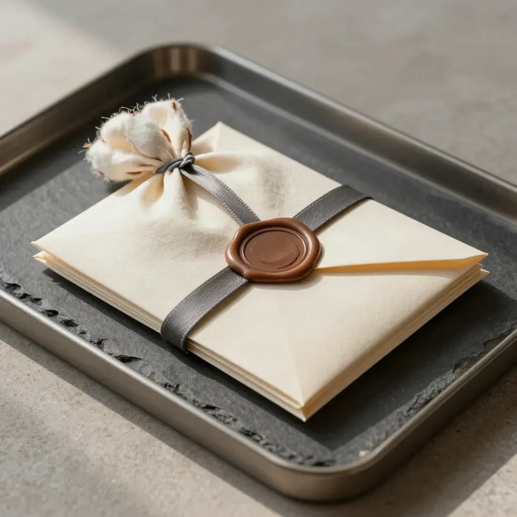 Macro of a sealed finance packet with envelopes on a slate tray