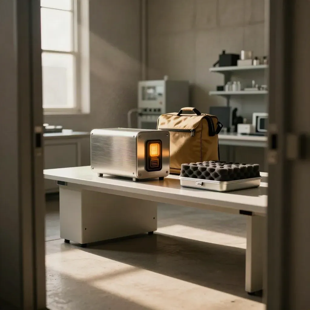 Launch-ready lab bench with glowing prototype, courier pouch, and warm sunlight