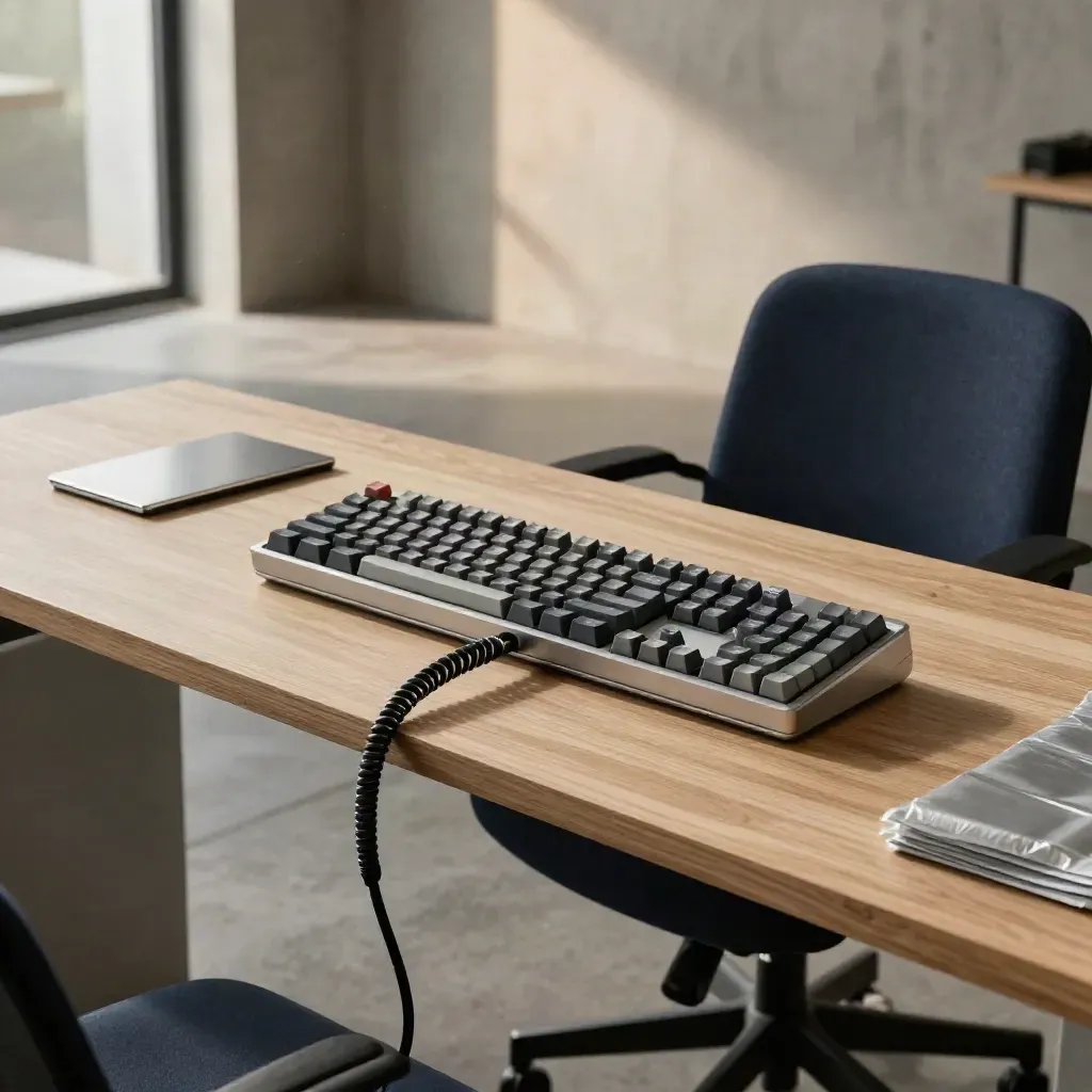 Fresh engineering bench with keyboard, coiled cable and tucked chair in a bright startup room.