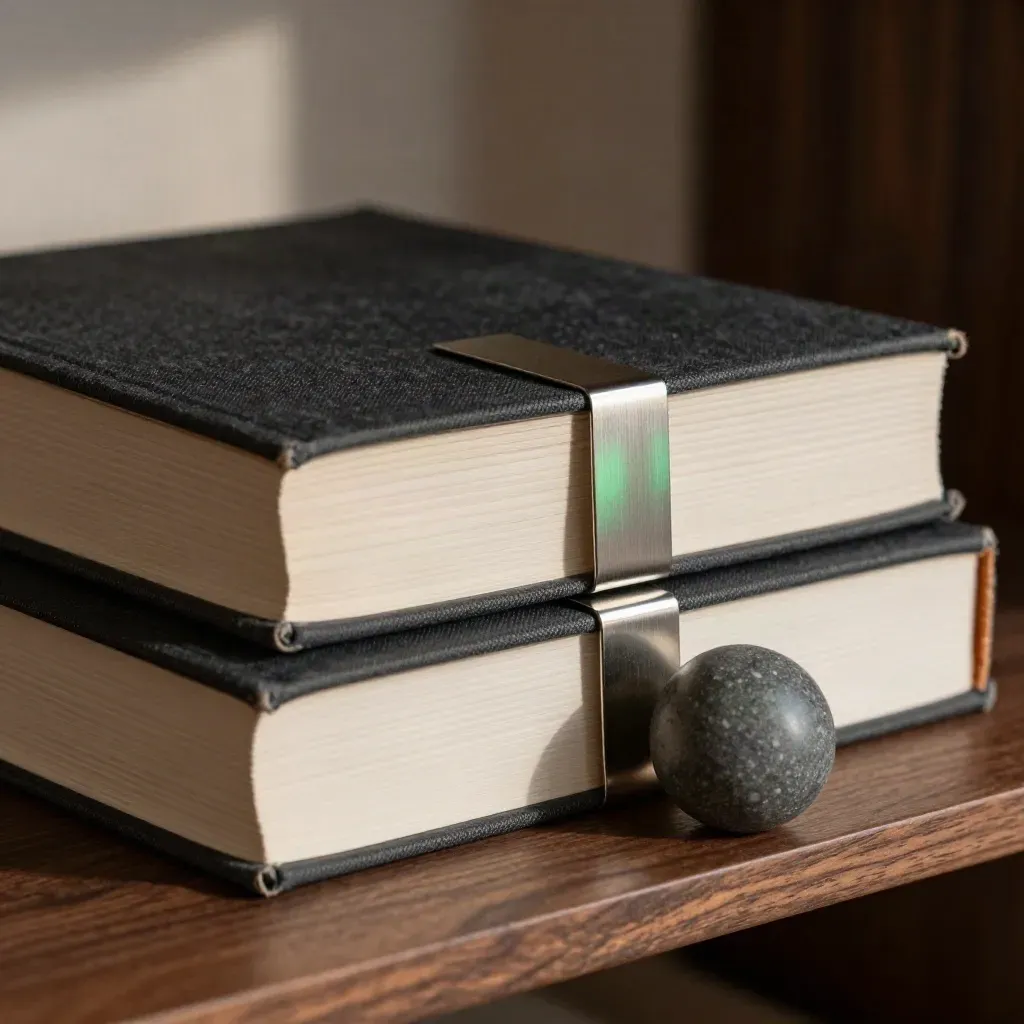 Macro of thick index books, metal tab dividers and a stone paperweight on a dark shelf.