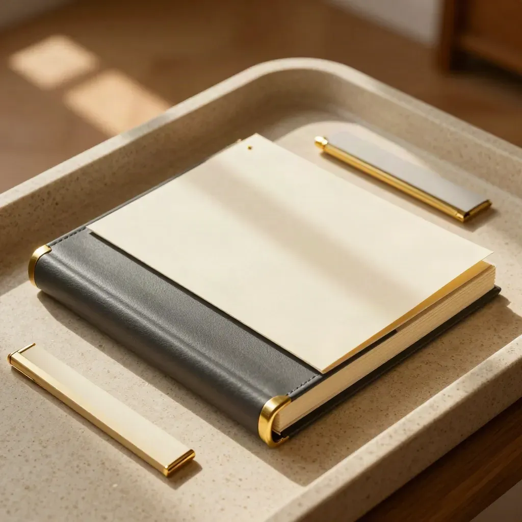 Top-down deal tray with a leather binder and diligence folders on warm stone.