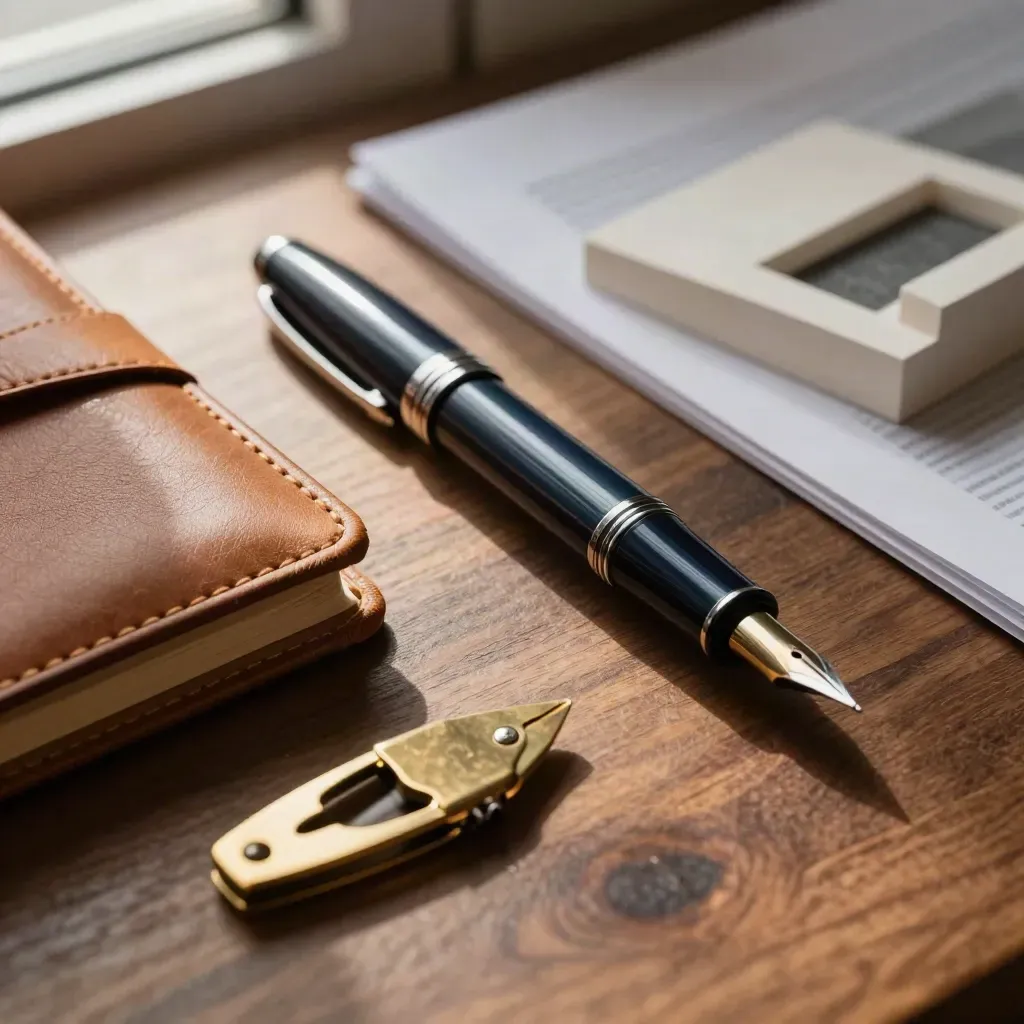 Fountain pen, leather notebook, brass opener and model fragment on walnut desk