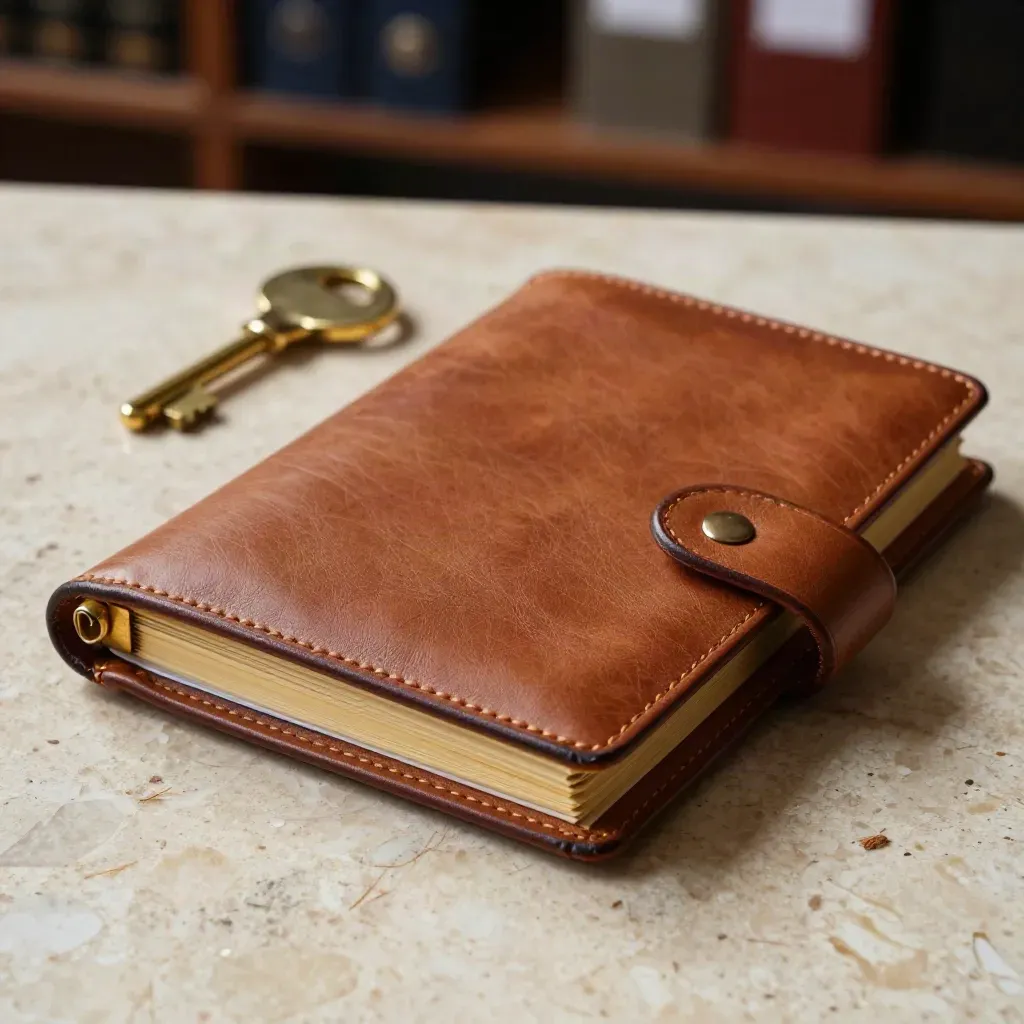Closed leather address book, brass index box, and phone cradle on travertine.