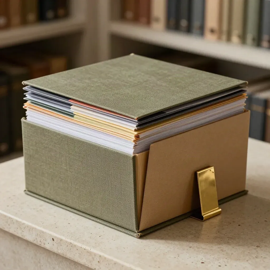 Closed deal folders and a brass memo cube on pale stone, lit in a moody close-up.