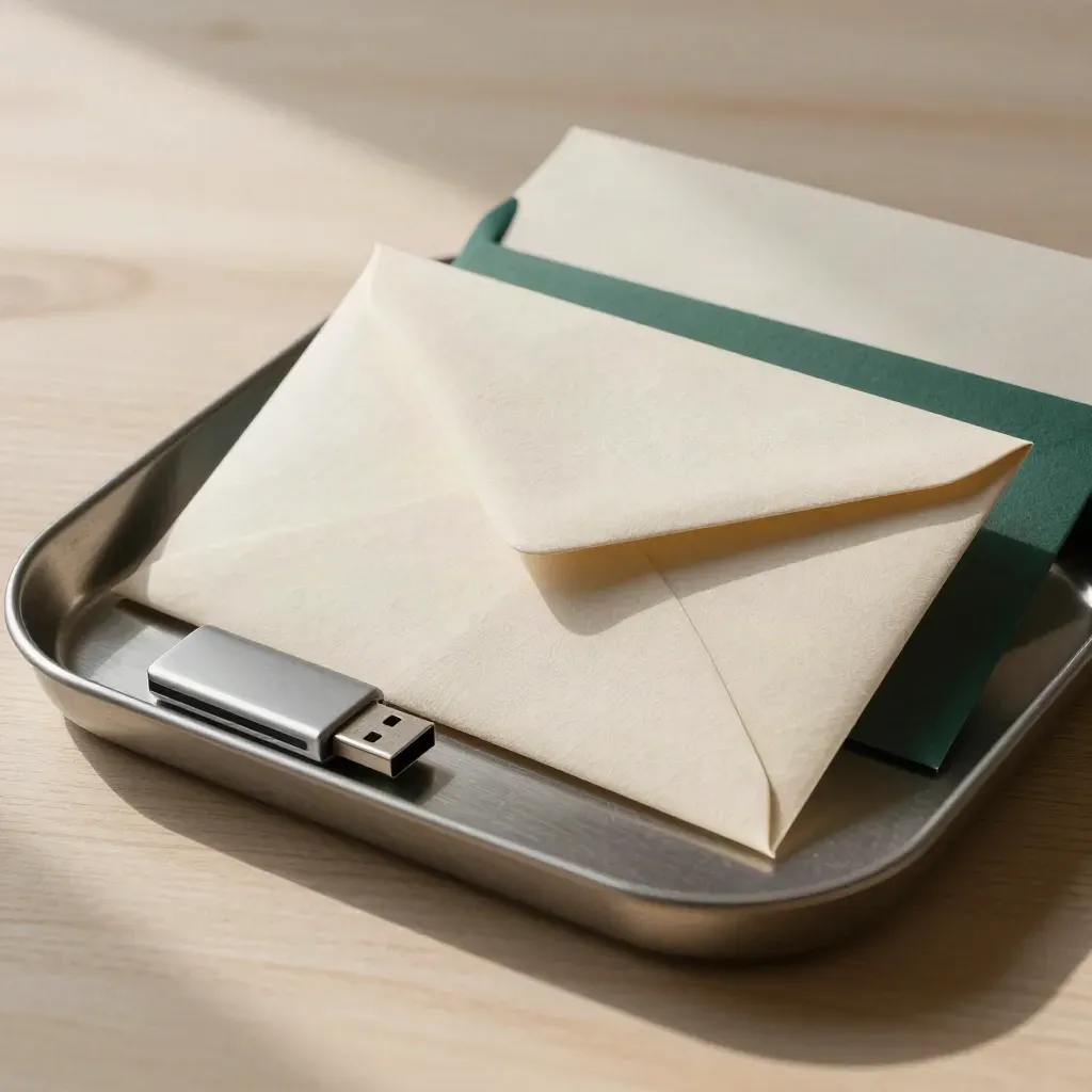 Linen envelope, USB drive, and metal clip in a pale wood mail tray with soft side light.