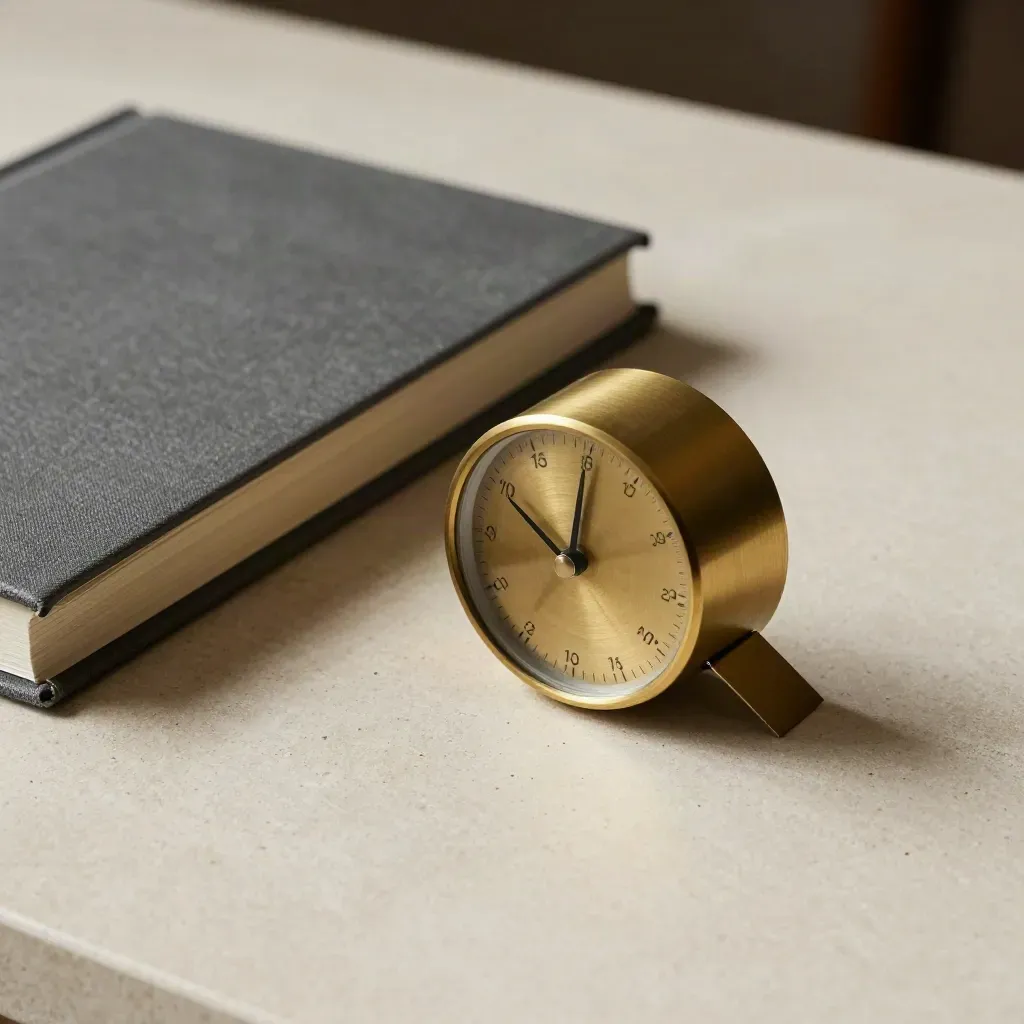 Brass timer, closed binder, and turned tab on a stone desk in soft daylight.