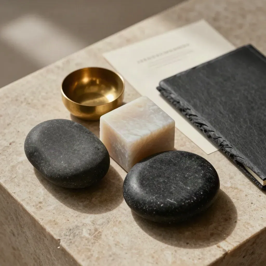 Overhead finance flatlay with stones, brass bowl, and notebook on warm limestone.