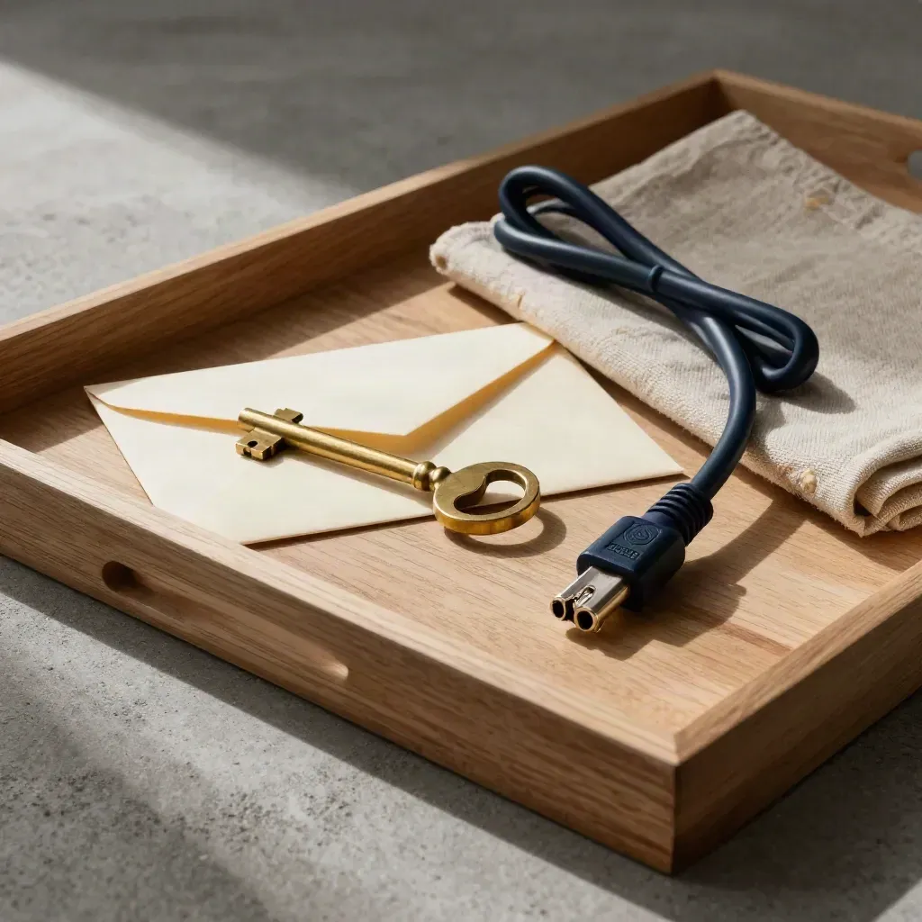 Brass key, sealed envelope, and navy network cable on pale wood with soft light.
