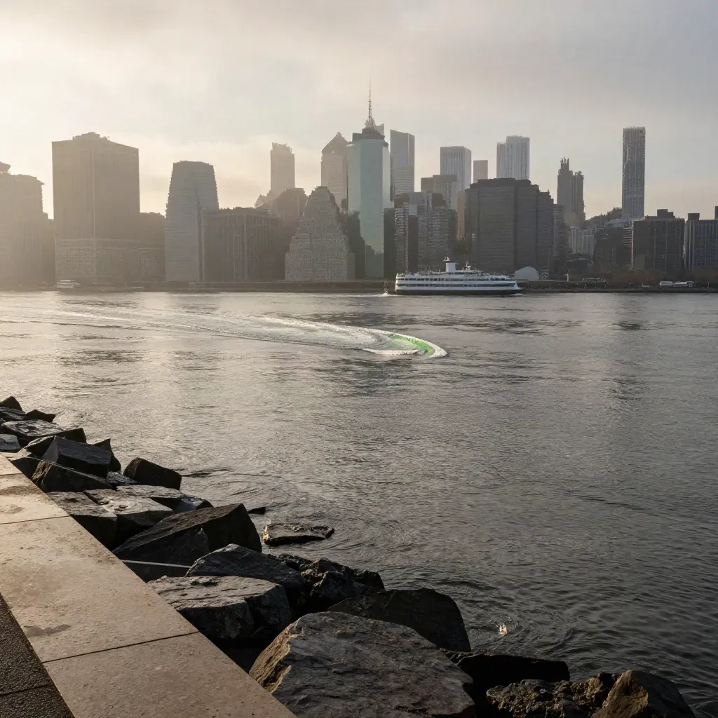 Brooklyn waterfront dawn view of Lower Manhattan through marine haze, with a ferry wake on the East River.