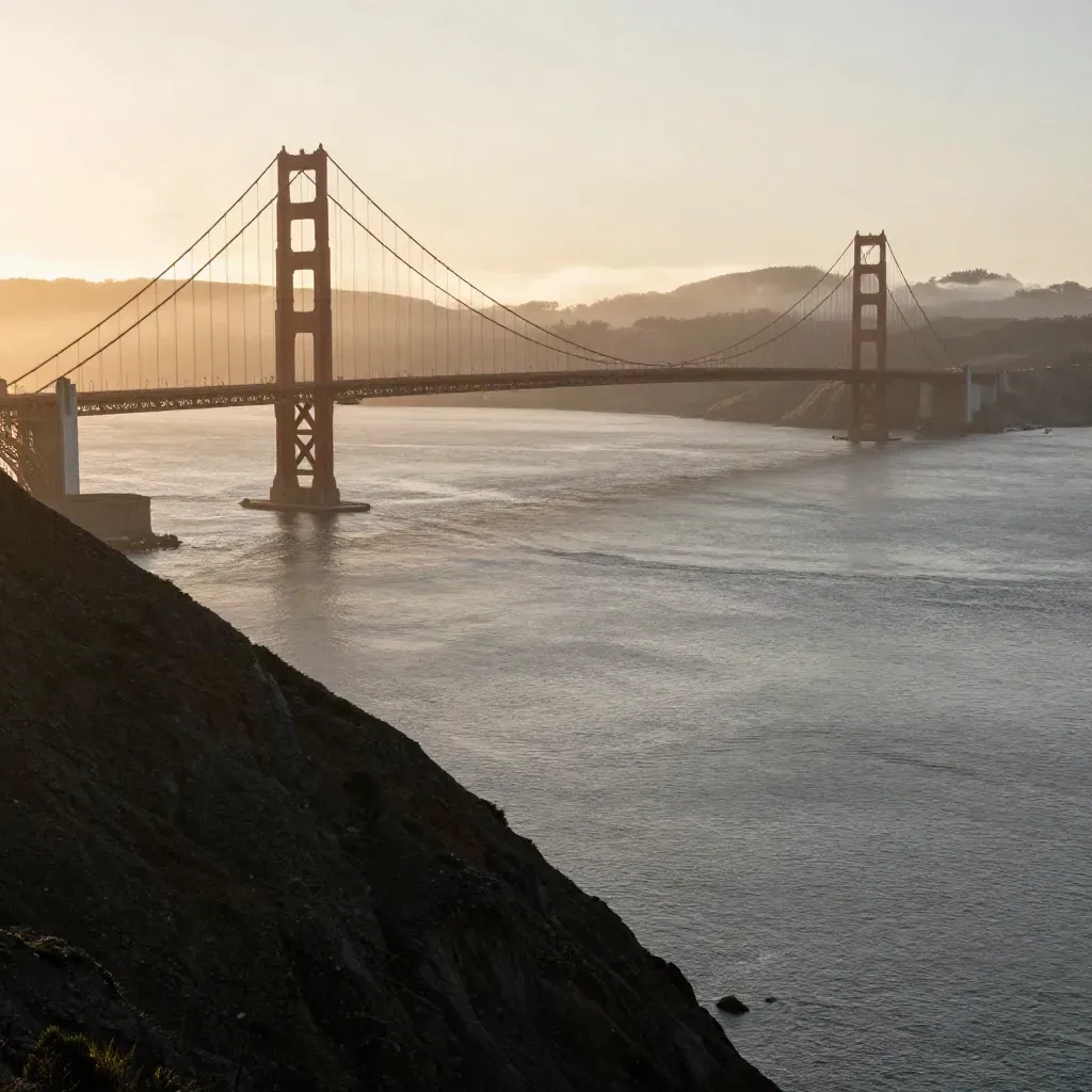 Golden Gate Bridge above sea fog, seen from Marin Headlands over calm San Francisco Bay at golden hour.