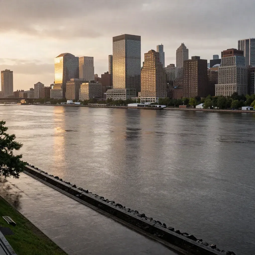 Back Bay skyline glows over the Charles River after rain at sunset.