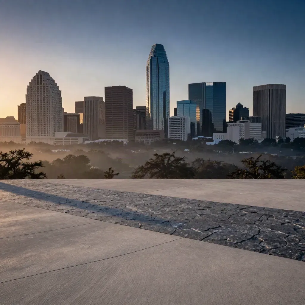 Texas dusk skyline with limestone overlook, glass towers, live oaks, and open haze for copy.