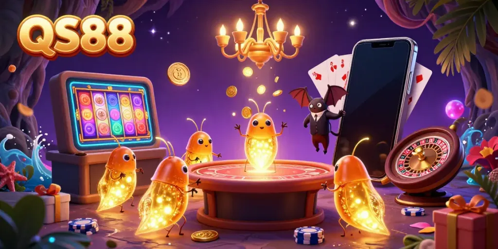 Experience the colorful excitement of QS88 with glowworms lighting a casino scene.