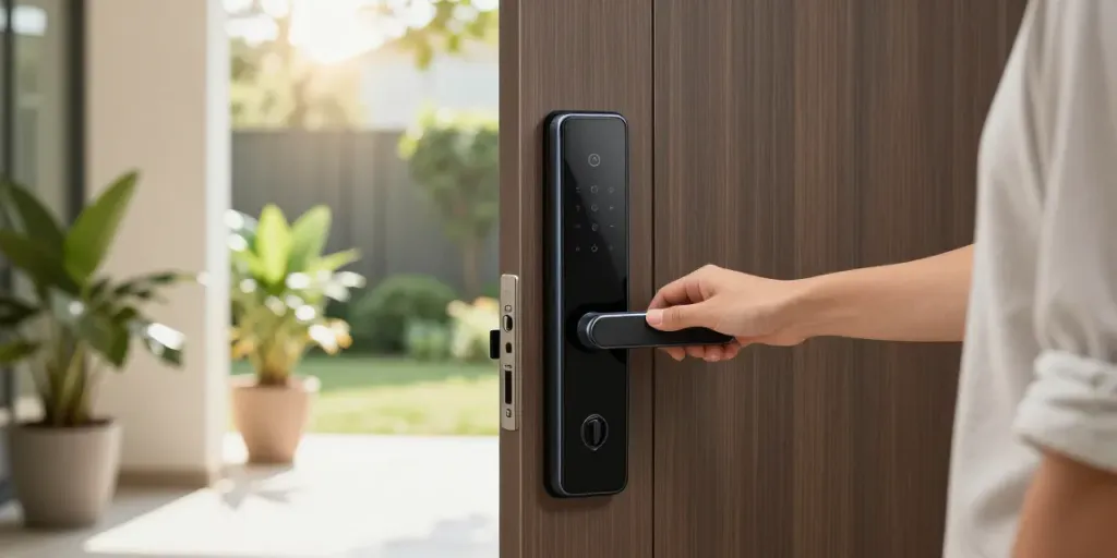 خرید قفل هوشمند demonstrated with a homeowner unlocking a smart lock with a smartphone.