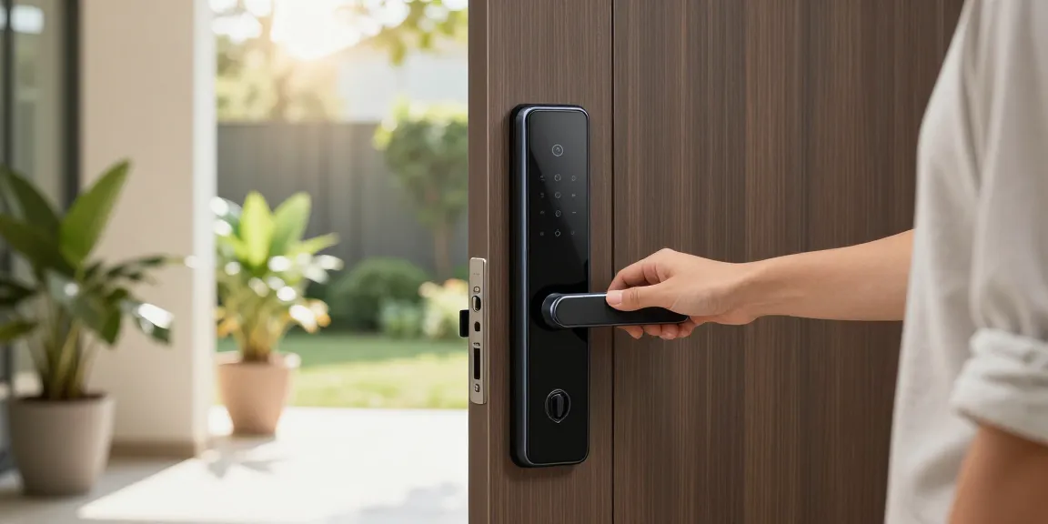 خرید قفل هوشمند demonstrated with a homeowner unlocking a smart lock with a smartphone.