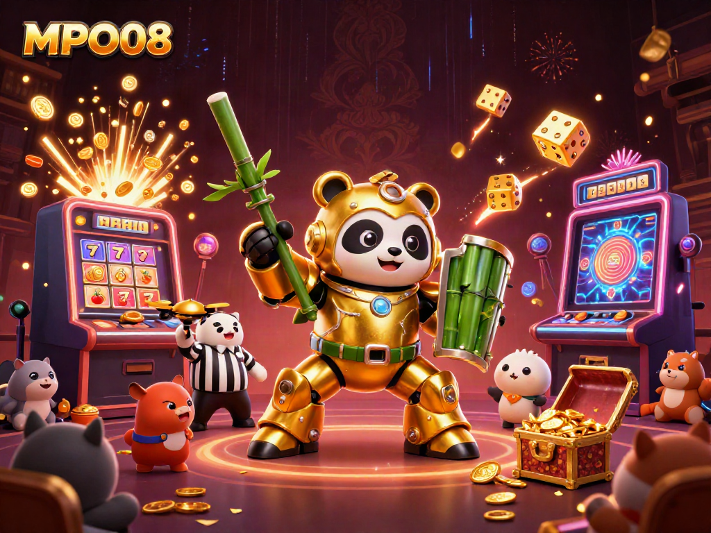 Experience thrilling gameplay with MPO08 as a 3D mech-suit panda interacts with vibrant casino elements.