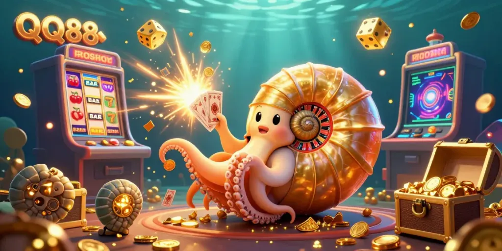 Experience the excitement of QQ88 with vibrant casino elements and a giant nautilus in this 3D illustration.