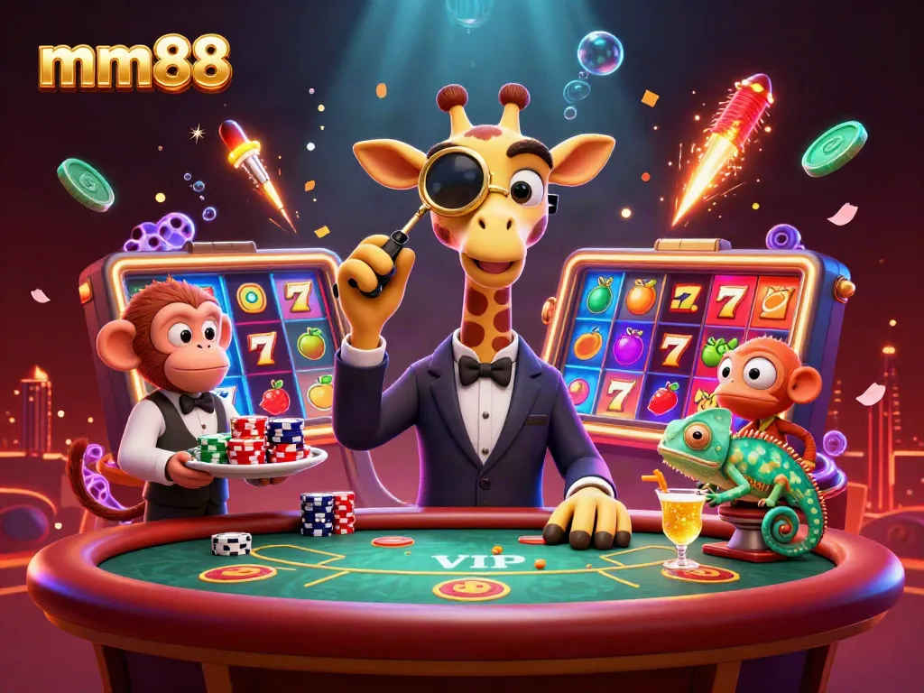 Experience the vibrant mm88 gaming scene with a high-roller giraffe and dynamic slot reels.