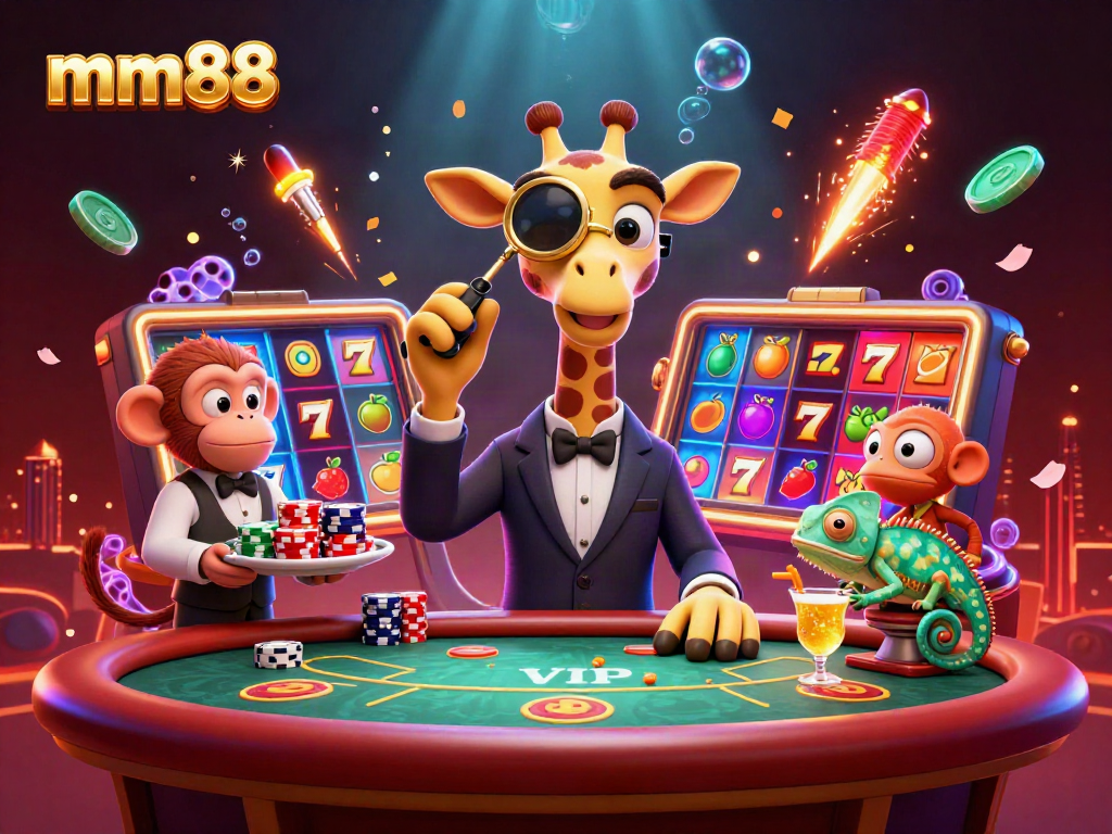 Experience the vibrant mm88 gaming scene with a high-roller giraffe and dynamic slot reels.