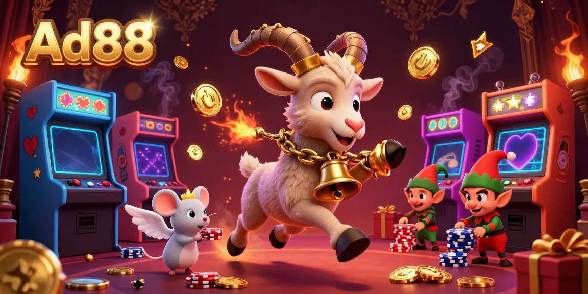 Ad88 holiday casino with a Krampus goat and cute characters actively engaging in games and excitement.