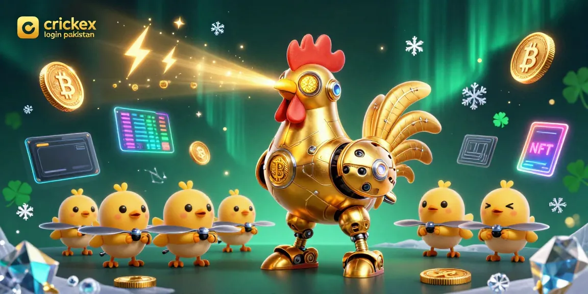 Bet on crickex login pakistan with a futuristic robot and baby chick drones in a glowing casino scene.