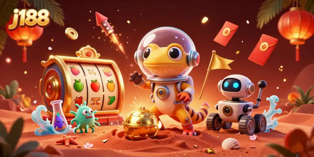Experience j188's vibrant casino world with a Martian gecko and dazzling slot symbols