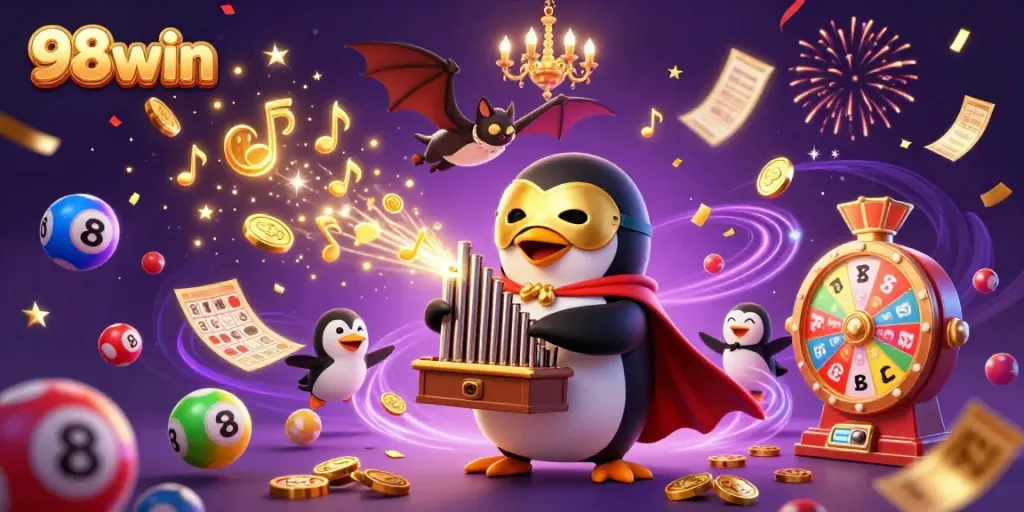 Experience the thrill of 98win with a lively scene of a penguin performing at a vibrant casino, featuring golden coins and lottery elements.